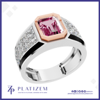 A platinum ring featuring a large emerald-cut pink gemstone in a rose gold bezel, set on a silver-toned band with pavé-set clear stones. The brand logo 'PLATIZEM' is visible at the bottom.