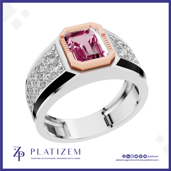 A platinum ring featuring a large emerald-cut pink gemstone in a rose gold bezel, set on a silver-toned band with pavé-set clear stones. The brand logo 'PLATIZEM' is visible at the bottom.
