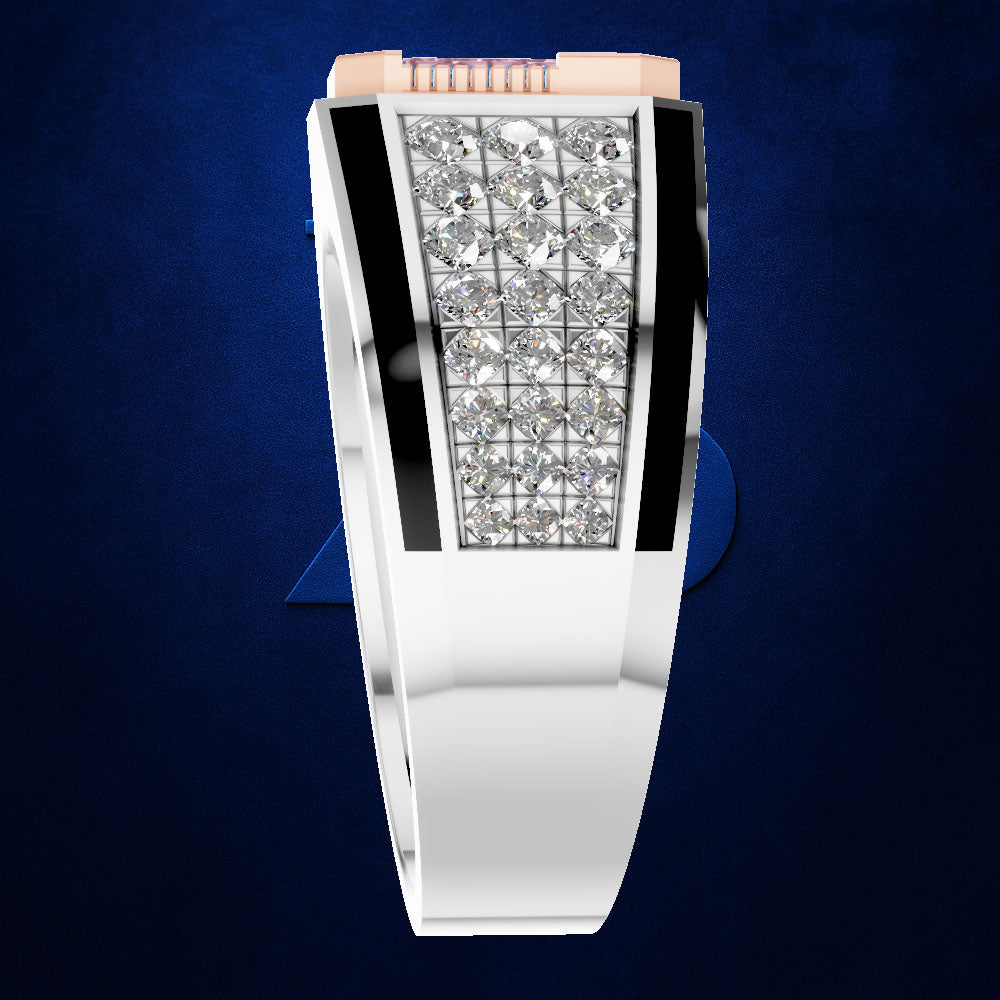 A men's minimalist watch with a polished silver-tone metal band and case, featuring a rectangular bezel set with clear pavé diamonds and accented by black inlays, against a dark blue textured background.