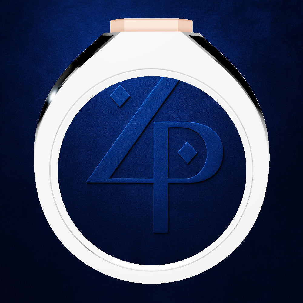 A circular white and black cosmetic compact or mirror with a blue textured center featuring a stylized blue '4P' monogram, shown on a dark blue background.