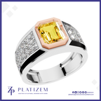 A platinum ring featuring a central yellow emerald-cut diamond surrounded by a rose gold octagonal bezel, with diamond-set shoulders and a polished silver band. The brand logo 'PLATIZEM' is visible at the bottom.