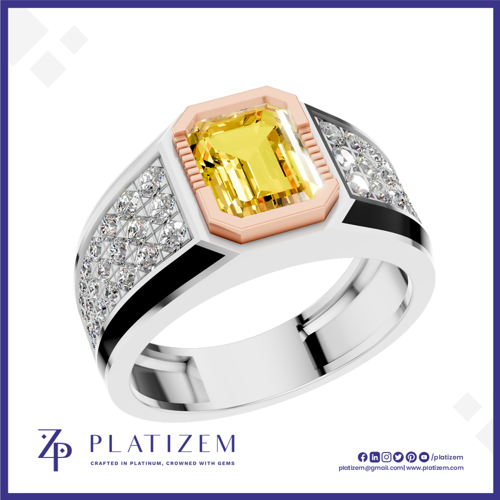 A platinum ring featuring a central yellow emerald-cut diamond surrounded by a rose gold octagonal bezel, with diamond-set shoulders and a polished silver band. The brand logo 'PLATIZEM' is visible at the bottom.