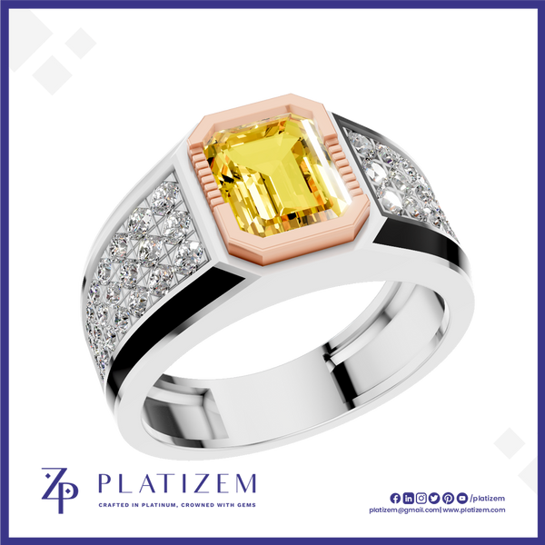 A platinum ring featuring a central yellow emerald-cut diamond surrounded by a rose gold octagonal bezel, with diamond-set shoulders and a polished silver band. The brand logo 'PLATIZEM' is visible at the bottom.