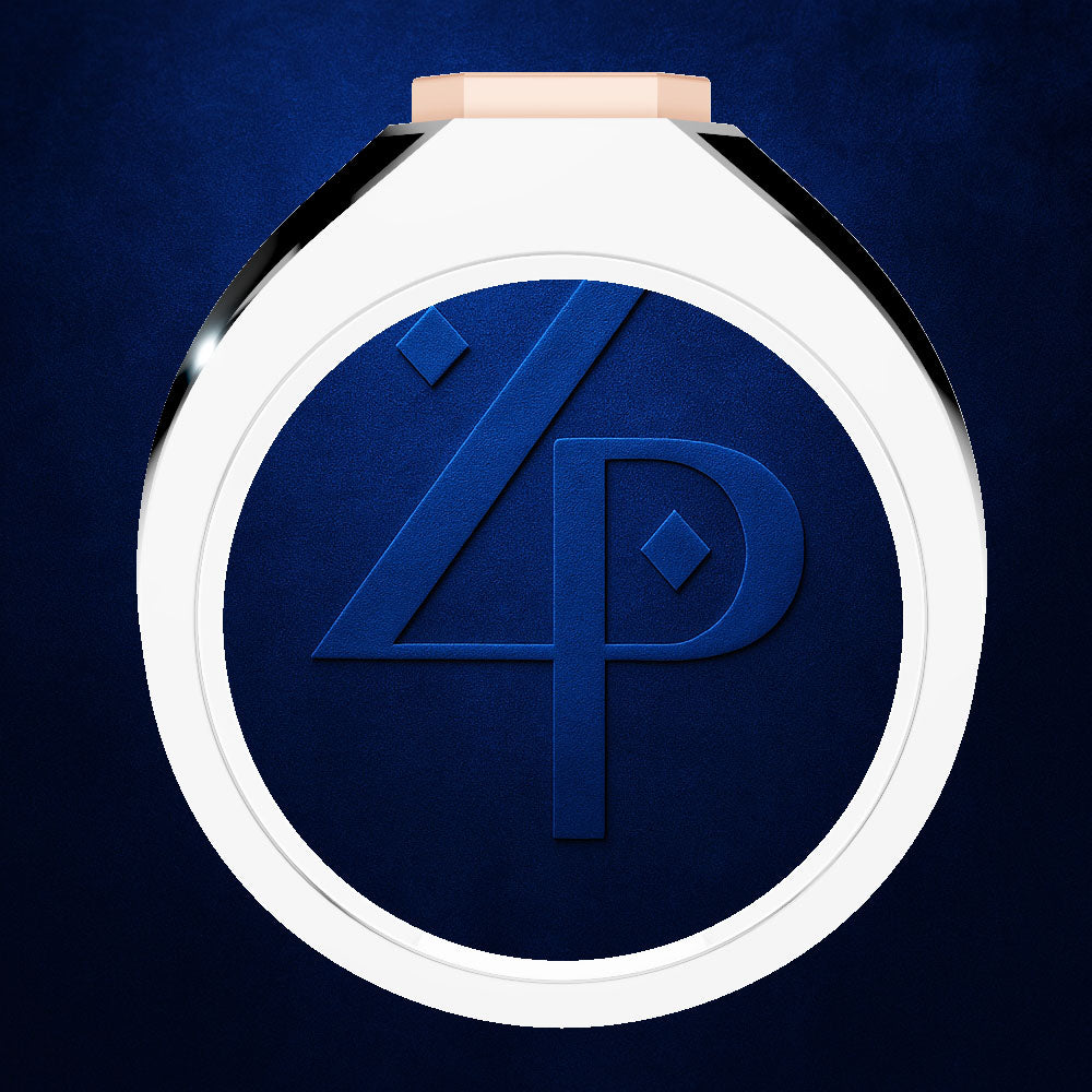 A round white compact case with a dark blue textured center featuring a stylized blue '4P' monogram, shown on a dark blue background.
