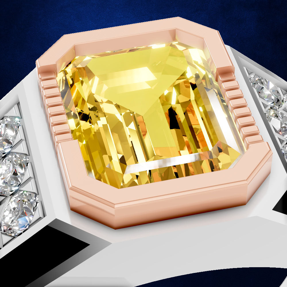 A close-up of a ring featuring a large yellow cushion-cut center stone in a rose gold-toned bezel, with clear side stones on a white band against a dark blue background.