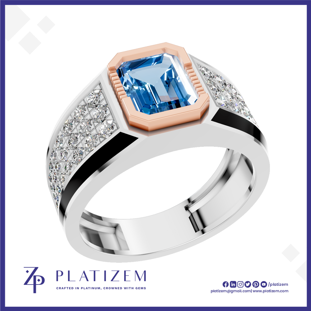 A platinum ring featuring a large emerald-cut blue topaz center stone, a rose gold octagonal bezel, and diamond-set shoulders, shown on a white background with the Platzem brand logo at the bottom.
