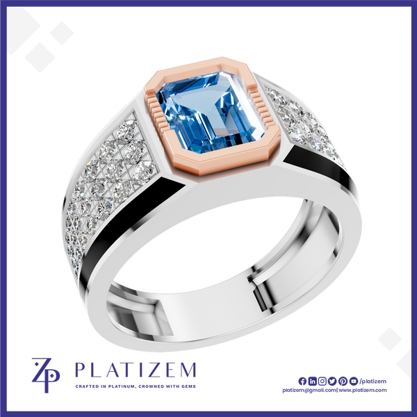 A platinum ring featuring a large emerald-cut blue topaz center stone, a rose gold octagonal bezel, and diamond-set shoulders, shown on a white background with the Platzem brand logo at the bottom.
