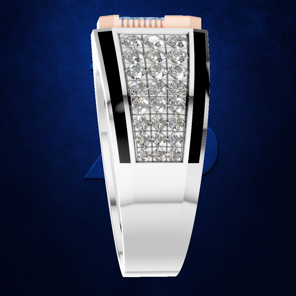 A men's minimalist watch with a polished silver-tone metal band and case, featuring a rectangular bezel set with clear pavé diamonds and accented by black inlays, against a dark blue textured background.