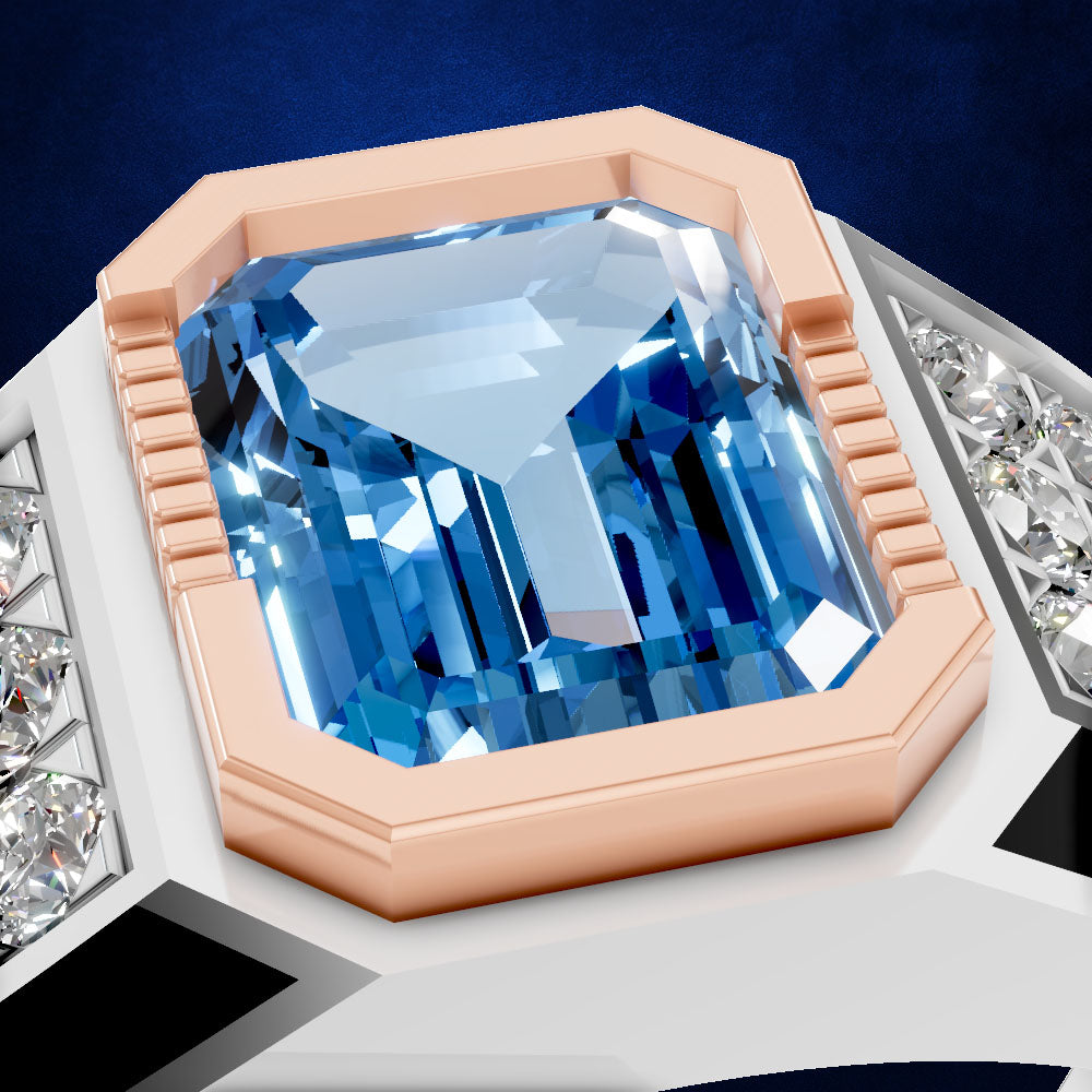 A close-up of a ring featuring a large rectangular blue gemstone in a rose gold bezel setting, with small clear stones on the band, shown against a dark blue background.