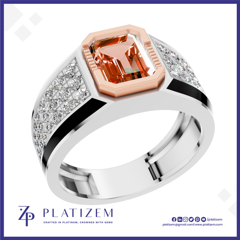 A platinum ring featuring a large emerald-cut orange gemstone in a rose gold bezel, with a silver-colored band accented by pavé-set clear crystals. The brand logo 'Platizem' is visible at the bottom of the image.
