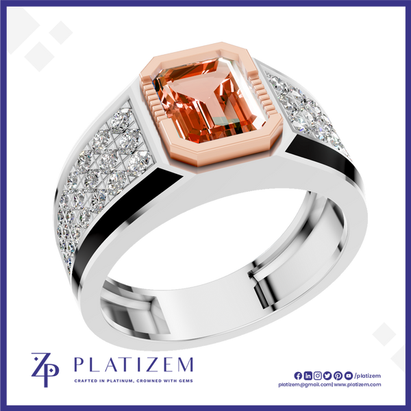 A platinum ring featuring a large emerald-cut orange gemstone in a rose gold bezel, with a silver-colored band accented by pavé-set clear crystals. The brand logo 'Platizem' is visible at the bottom of the image.