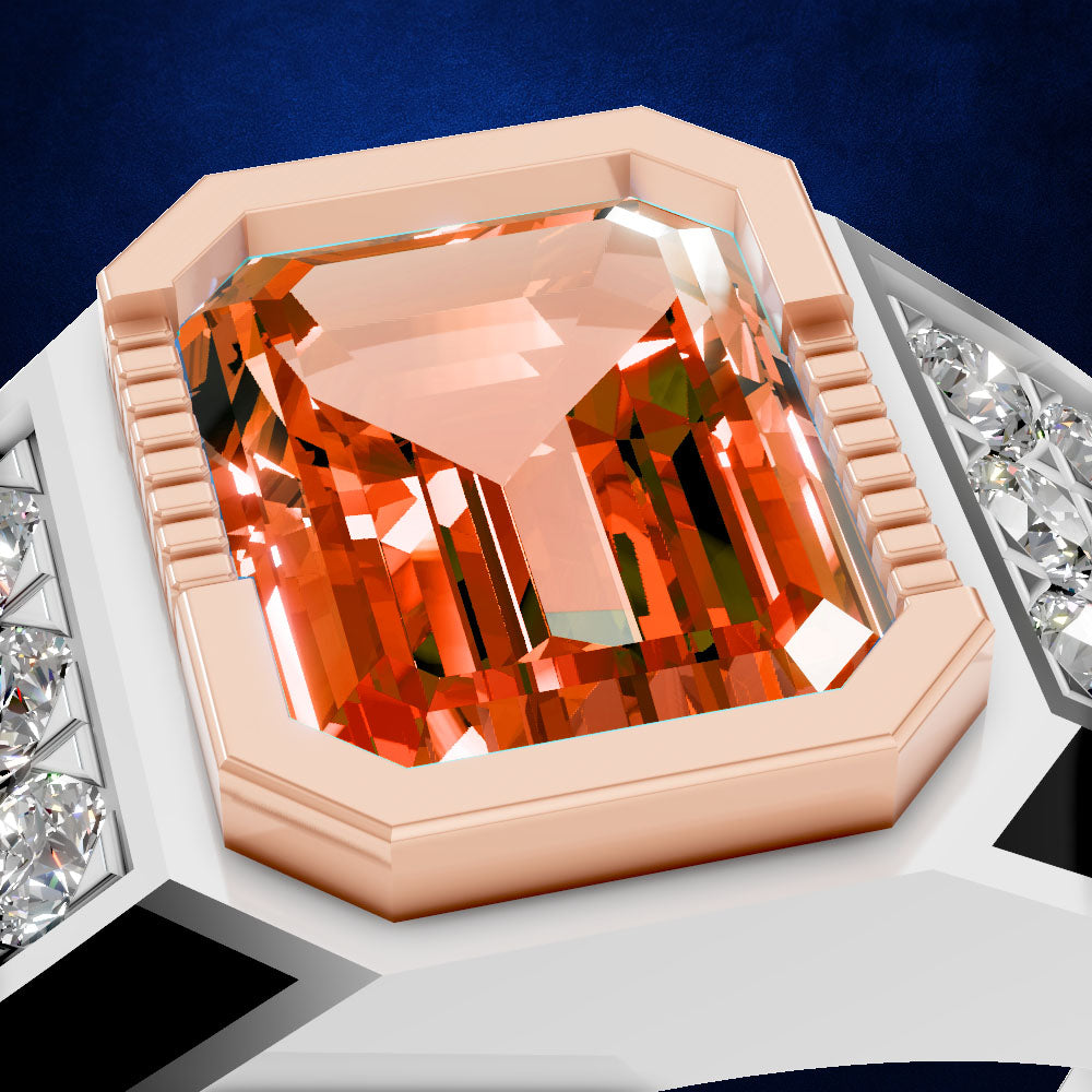 A close-up of a ring featuring a large, faceted orange gemstone in a rose gold bezel setting, flanked by rows of small clear stones on a white band, set against a dark blue background.