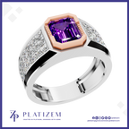 A platinum ring featuring a large emerald-cut purple amethyst center stone, a rose gold octagonal bezel, and pavé-set clear crystals along a split band, shown on a white background with the Platiszem brand logo.