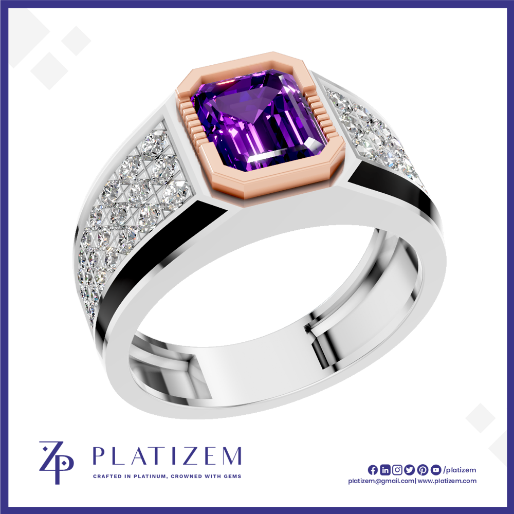 A platinum ring featuring a large emerald-cut purple amethyst center stone, a rose gold octagonal bezel, and pavé-set clear crystals along a split band, shown on a white background with the Platiszem brand logo.