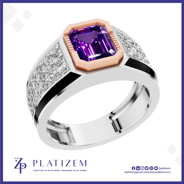 A platinum ring featuring a large emerald-cut purple amethyst center stone, a rose gold octagonal bezel, and pavé-set clear crystals along a split band, shown on a white background with the Platiszem brand logo.