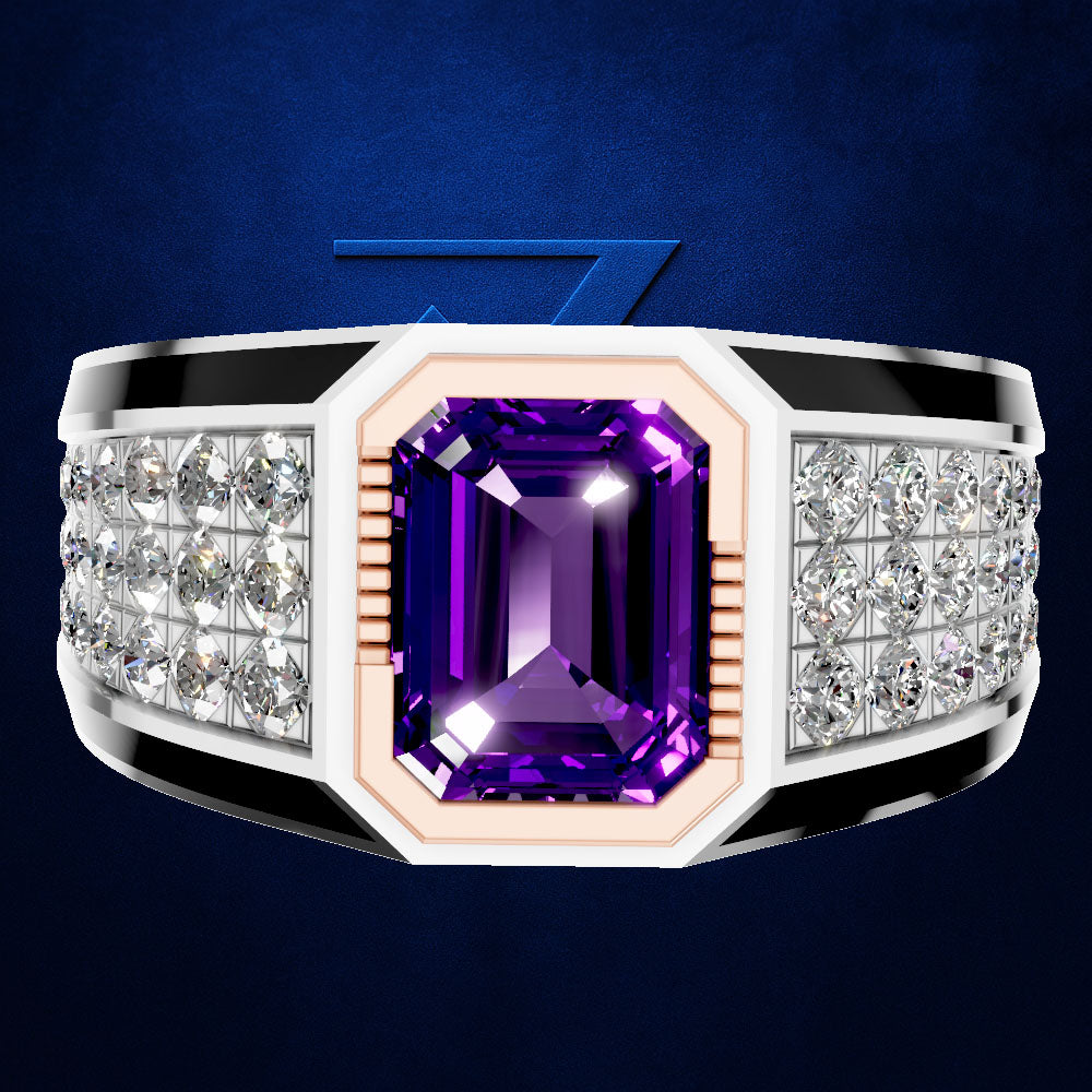 A men's statement ring featuring a large emerald-cut purple amethyst center stone, flanked by rows of clear pavé diamonds on a silver-toned band with black accents and a rose gold inner frame, set against a dark blue textured background.