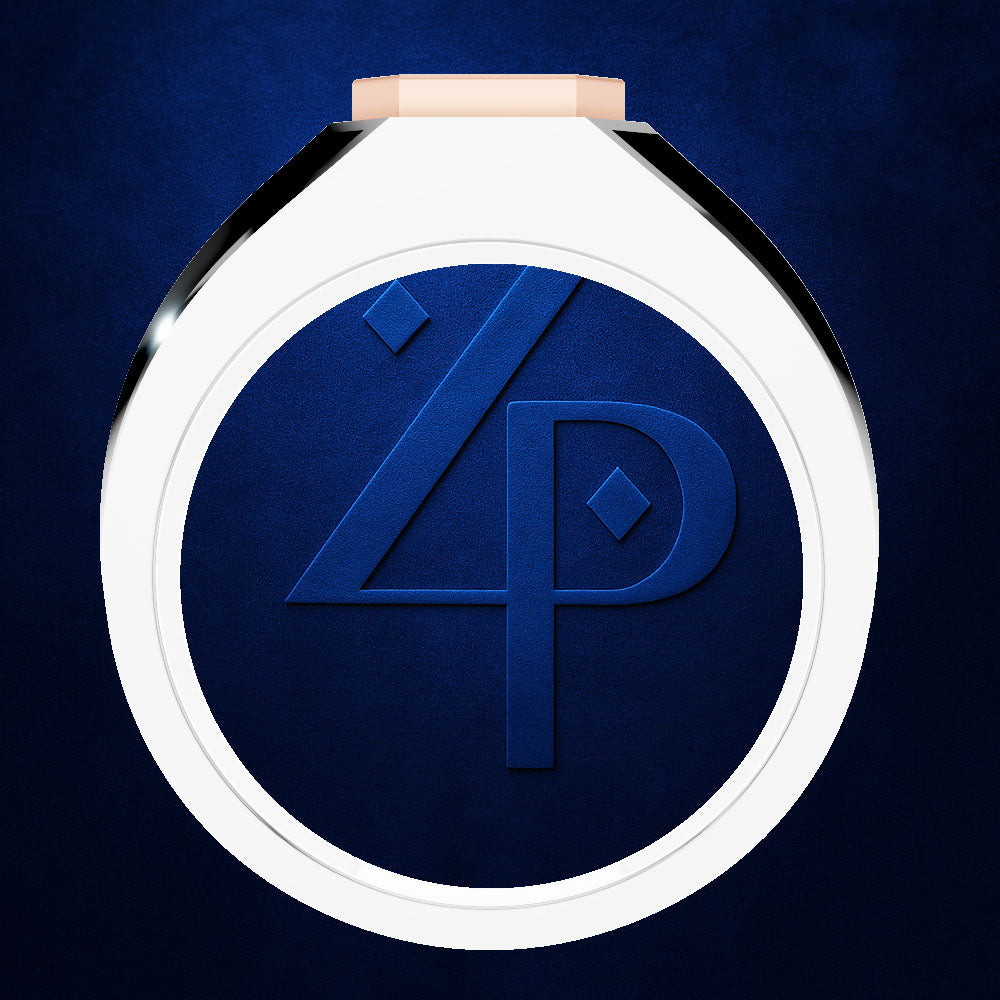 A round white and silver ring with a dark blue textured center featuring an embossed stylized '4P' monogram, shown on a dark blue textured background.