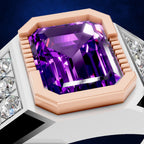 A close-up of a ring featuring a large cushion-cut purple gemstone in a rose gold bezel setting, with smaller clear stones on the band, shown against a dark blue background.
