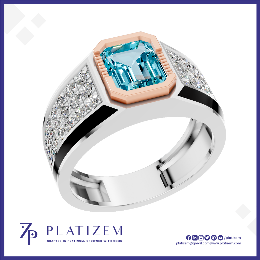 A platinum ring featuring a large emerald-cut light blue gemstone in a rose gold bezel, with a silver pavé-set band accented by black inlays. The brand logo 'PLATIZEM' is visible at the bottom.