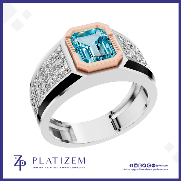 A platinum ring featuring a large emerald-cut light blue gemstone in a rose gold bezel, with a silver pavé-set band accented by black inlays. The brand logo 'PLATIZEM' is visible at the bottom.