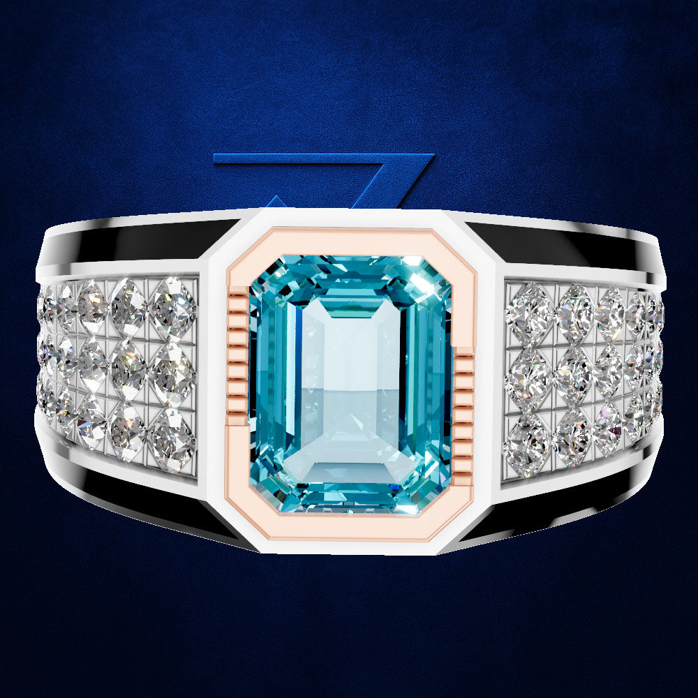 A wide band ring featuring a large rectangular emerald-cut light blue gemstone at the center, flanked by rows of clear pavé stones on a silver-toned band with black inlays and rose gold side accents, set against a dark blue textured background.