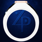 A close-up of a round cosmetic compact or powder pan with a white outer rim and a deep navy blue center featuring an embossed stylized '4P' logo. The top edge shows a small portion of a light peach-toned cap.