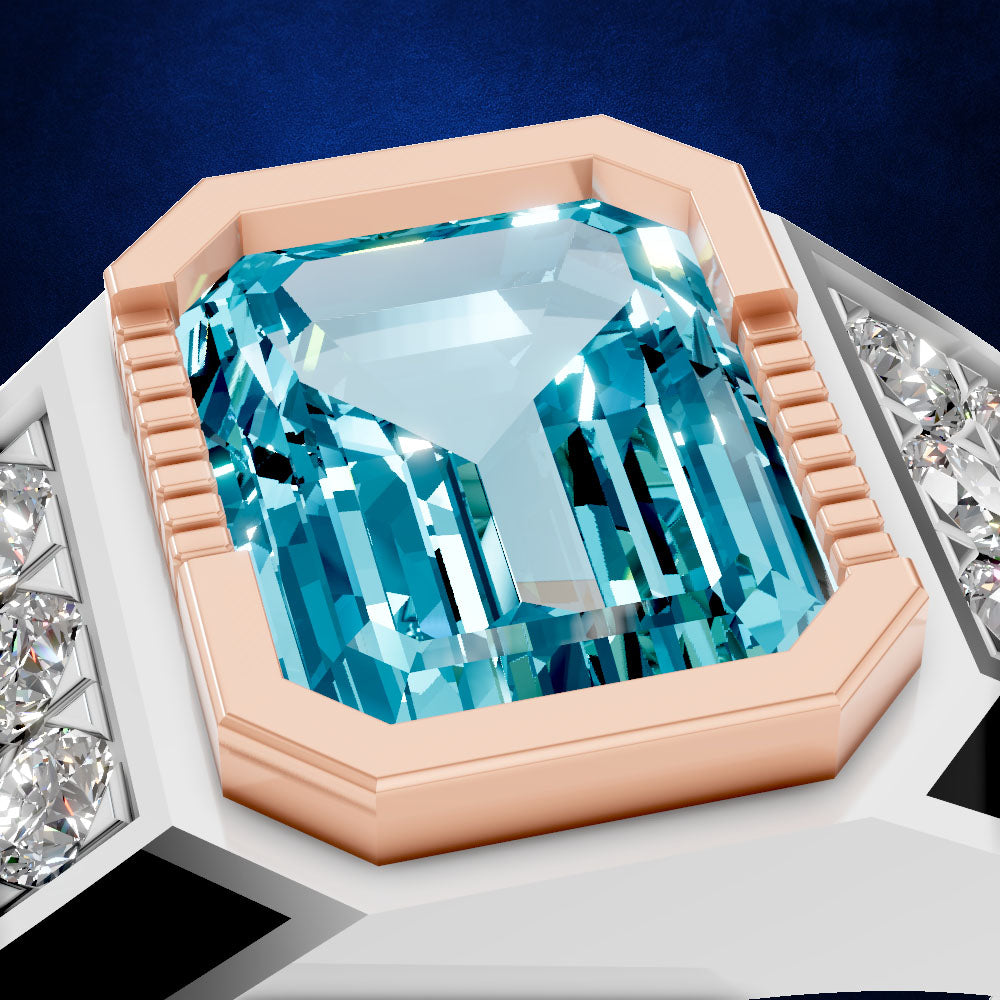 A close-up of a ring featuring a large emerald-cut light blue gemstone in a rose gold setting, with clear accent stones on the band, shown against a dark blue background.
