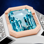 A close-up of a ring featuring a large emerald-cut light blue gemstone in a rose gold setting, with clear accent stones on the band, shown against a dark blue background.