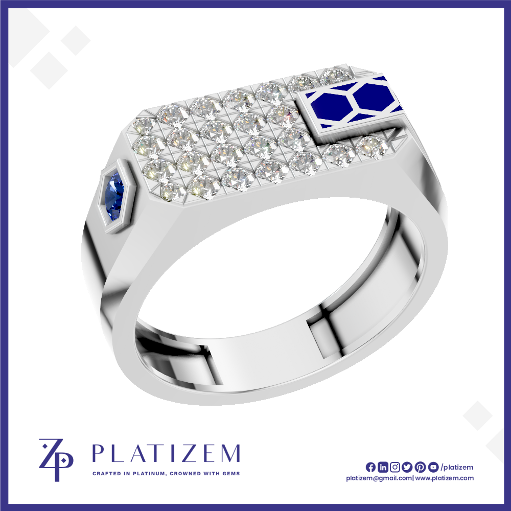 A platinum men's ring by Platinzem, featuring a rectangular top set with clear pavé stones, a blue hexagonal sapphire on the left, and a blue enamel geometric accent on the right, shown on a white background with a blue border.