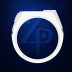 A white oval-shaped product, likely a decorative plaque, coaster, or lid, featuring a dark blue textured center with a stylized embossed '4P' monogram logo, set against a dark blue textured background.