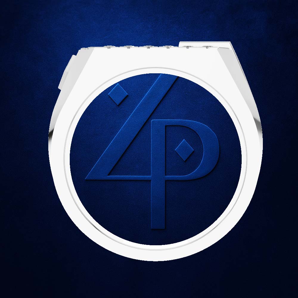 A white oval-shaped product, likely a decorative plaque, coaster, or lid, featuring a dark blue textured center with a stylized embossed '4P' monogram logo, set against a dark blue textured background.