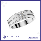 A silver-toned men's band ring with a square bezel-set round diamond and small accent diamonds, shown on a white background with the Platizem brand logo at the bottom.