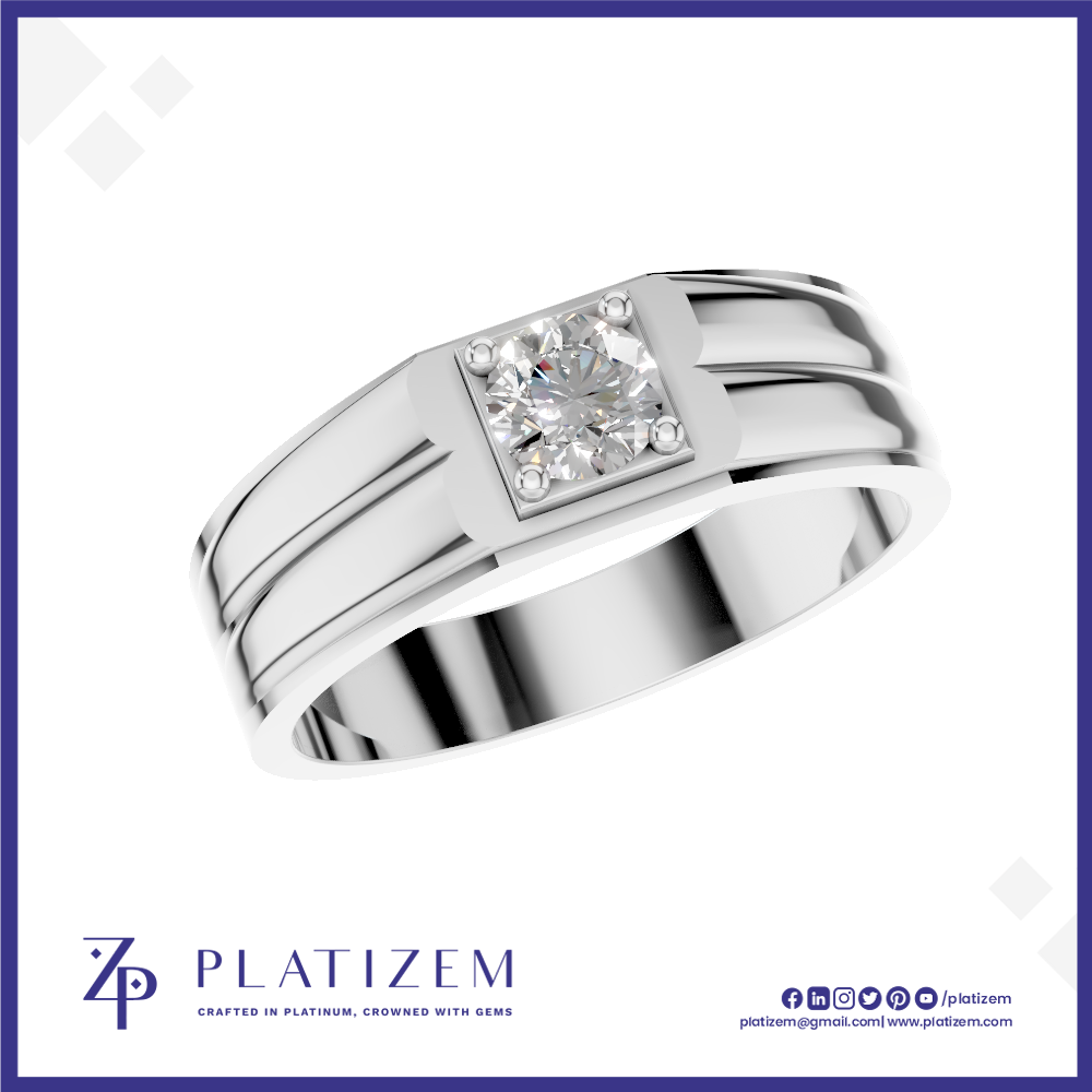 A silver-toned men's band ring with a square bezel-set round diamond and small accent diamonds, shown on a white background with the Platizem brand logo at the bottom.