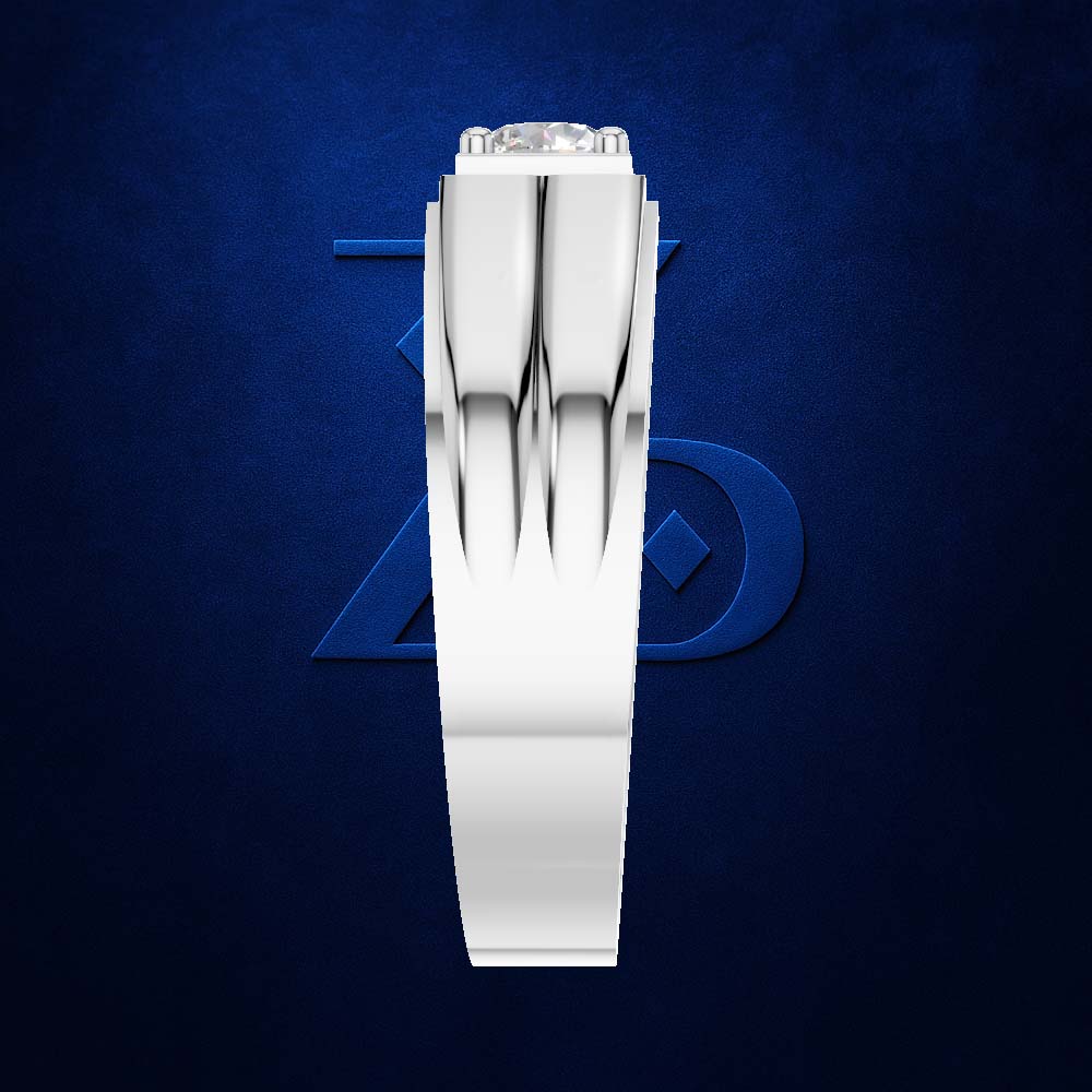A polished silver-toned ring with a single round clear gemstone, shown vertically against a textured dark blue background with a subtle logo behind it.