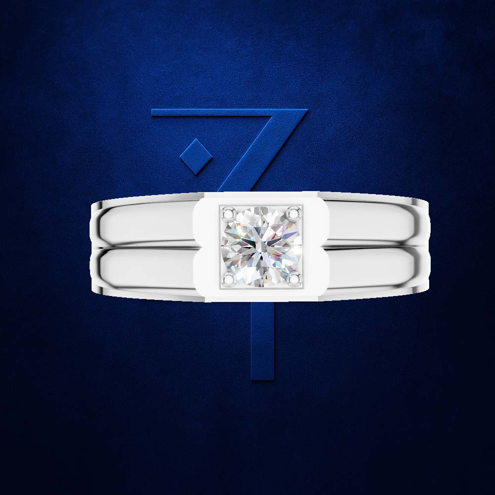 A white gold or platinum ring featuring a square-cut clear gemstone in a prong setting, presented against a textured dark blue background with a stylized blue number 7 behind it.