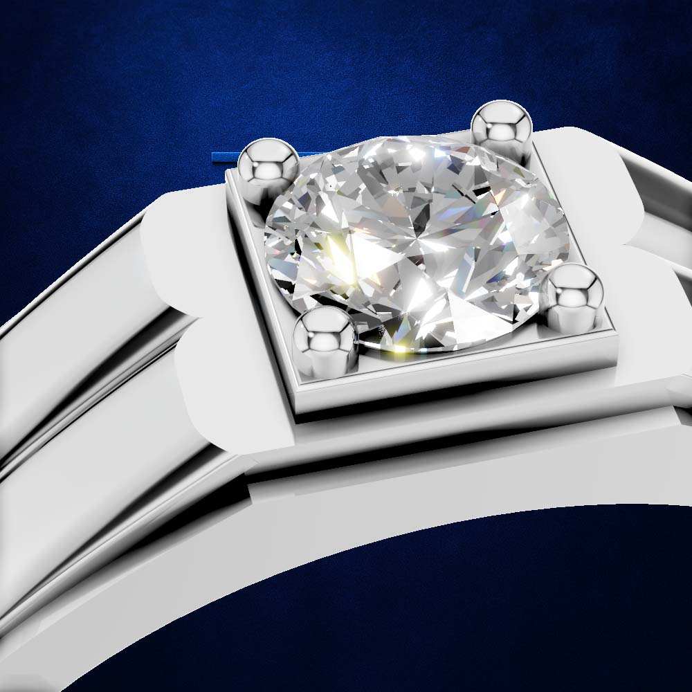 Close-up of a silver-toned ring with a large round brilliant-cut diamond set in a square bezel, shown against a dark blue background.