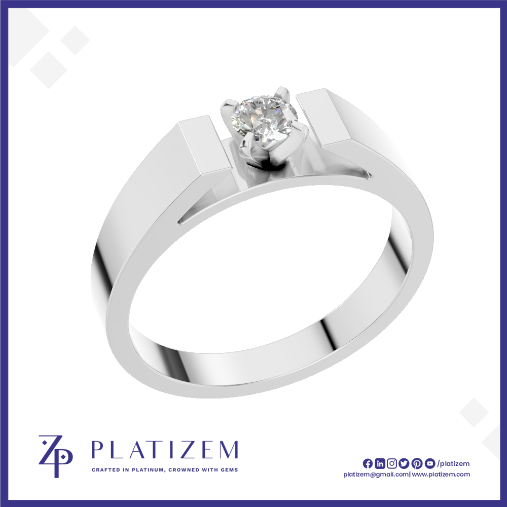 A silver-toned solitaire engagement ring with a round-cut diamond, shown on a white background with the Platizem brand logo at the bottom.