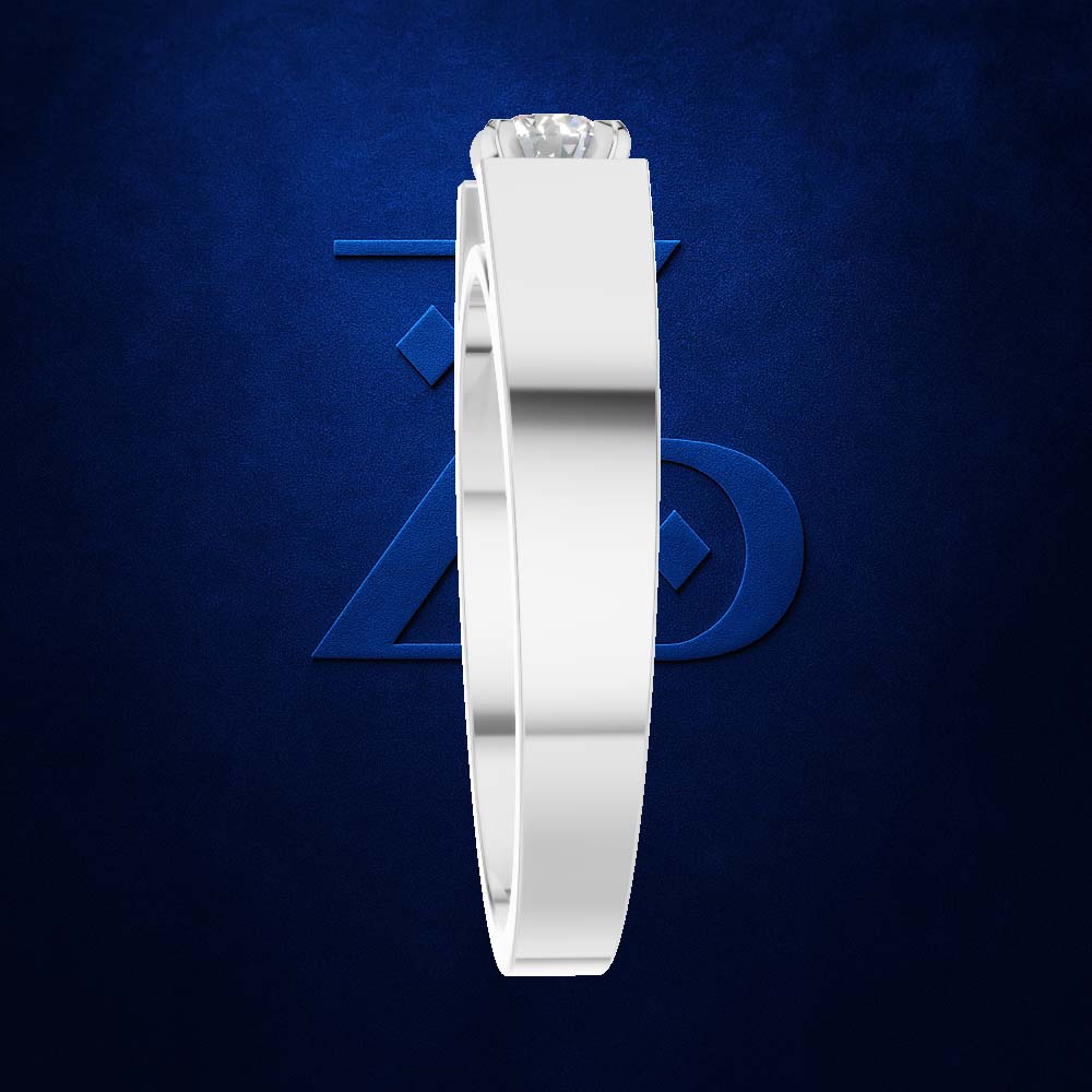 A minimalist white band ring with a single round-cut clear gemstone, shown in a side profile against a textured dark blue background with a subtle geometric logo.
