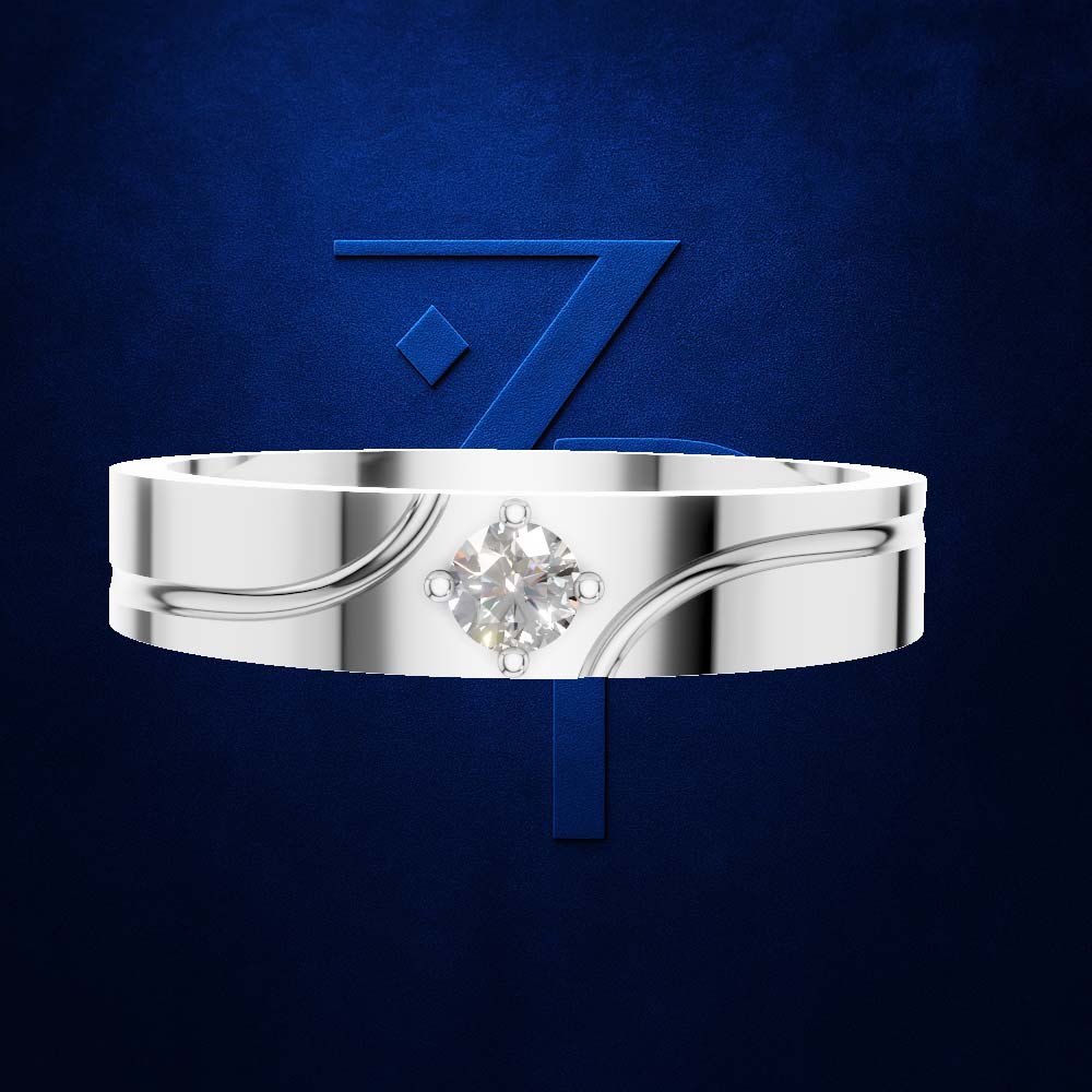 A polished silver-toned band ring with a single round brilliant-cut diamond set in a floral halo, presented against a textured dark blue background with a large stylized blue number 7 behind it.