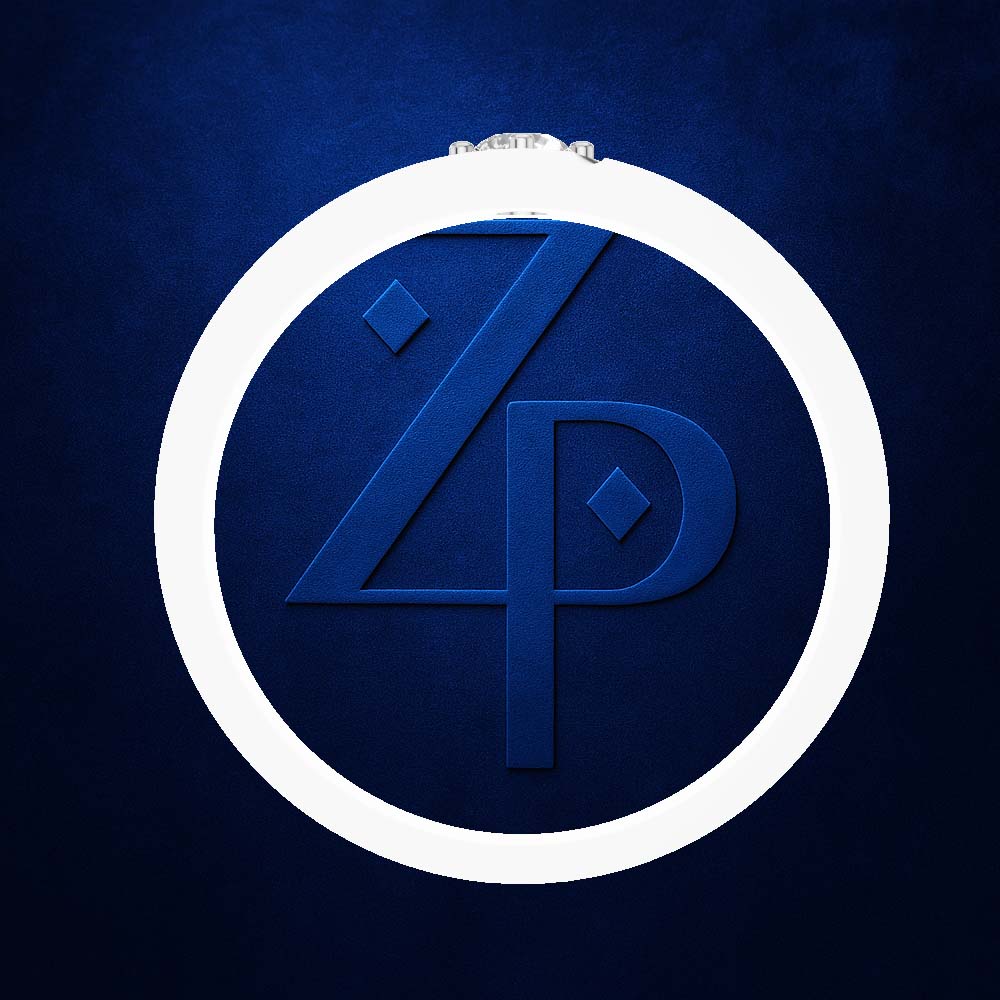A circular white ring with a stylized blue 'ZP' monogram logo in the center, set against a textured dark blue background.