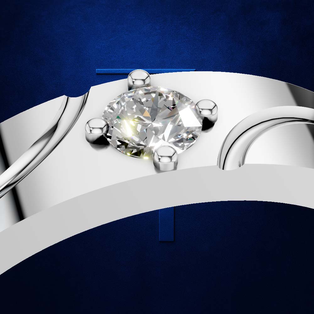 A close-up studio shot of a silver-toned ring with a large round brilliant-cut clear gemstone in a prong setting, set against a deep blue textured background.