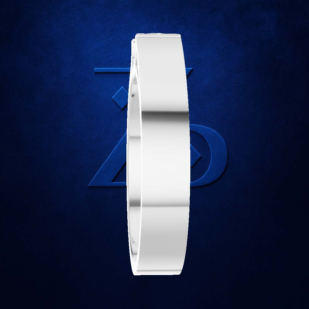 A white minimalist ring with a smooth, polished finish, shown in a side profile view against a textured dark blue background with a subtle Avengers logo.