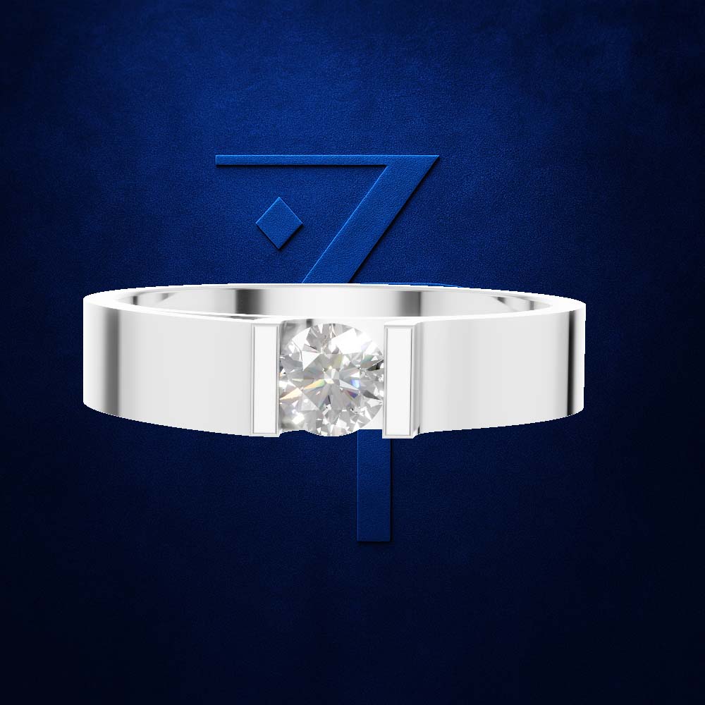 A silver-toned ring with a single round-cut clear gemstone in a prong setting, centered against a dark blue textured background with a large stylized blue number 7 behind it.