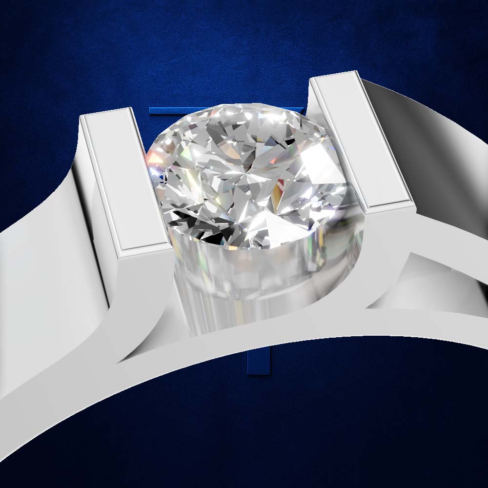 A close-up studio render of a diamond ring with a large round brilliant-cut center stone in a white metal setting, shown against a deep blue background.