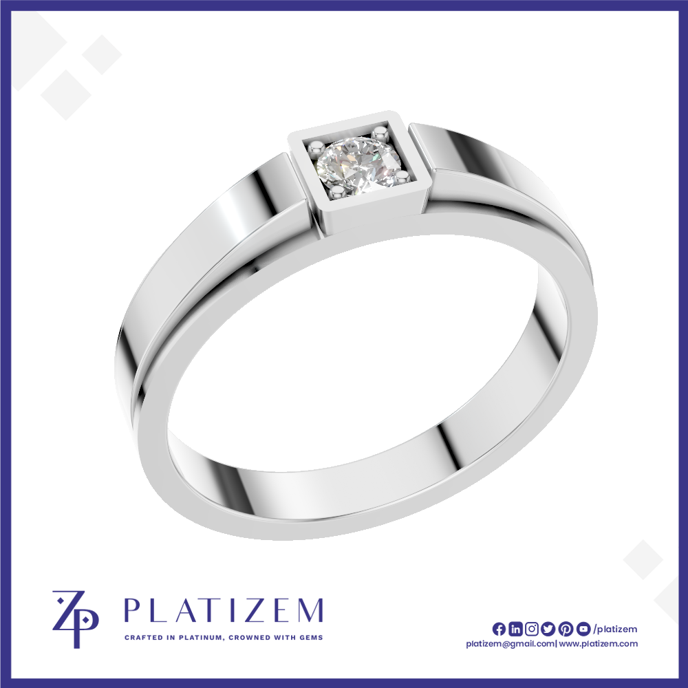A silver-toned square bezel ring with a single round-cut clear gemstone, shown on a white background with the brand name PLATIZEM at the bottom.
