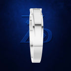 A white minimalist ring with a modern, sculptural interlocking band design, shown from a side profile against a textured dark blue background.