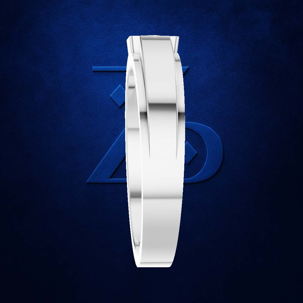 A white minimalist ring with a modern, sculptural interlocking band design, shown from a side profile against a textured dark blue background.