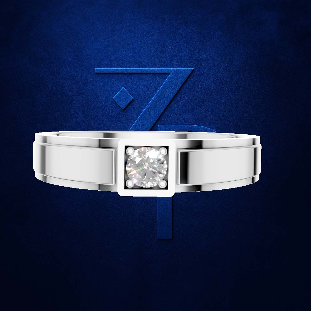 A silver-toned men's band ring with a square bezel holding a round brilliant-cut diamond, presented against a textured dark blue background with a stylized blue 'Z' logo.