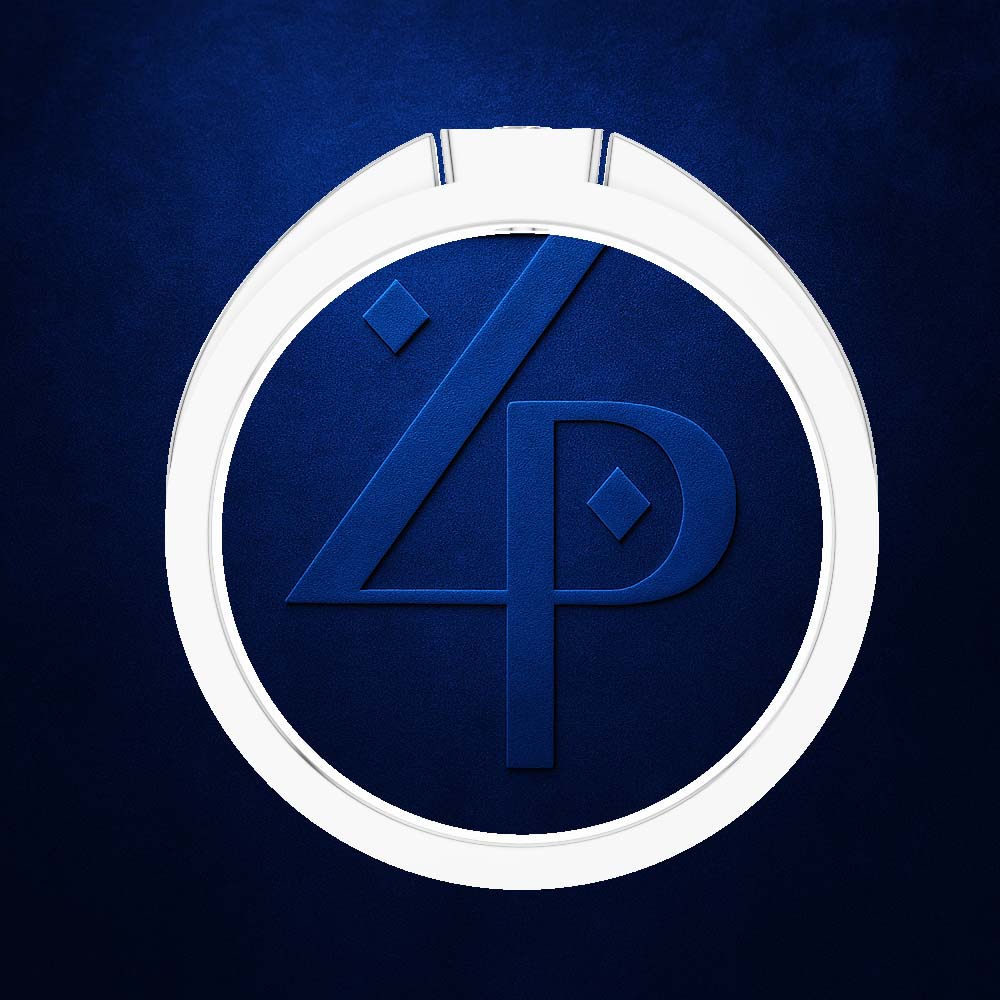 A circular white ring-shaped product, possibly a keychain or pendant, featuring a dark blue recessed center with a stylized '4P' monogram logo, set against a textured dark blue background.