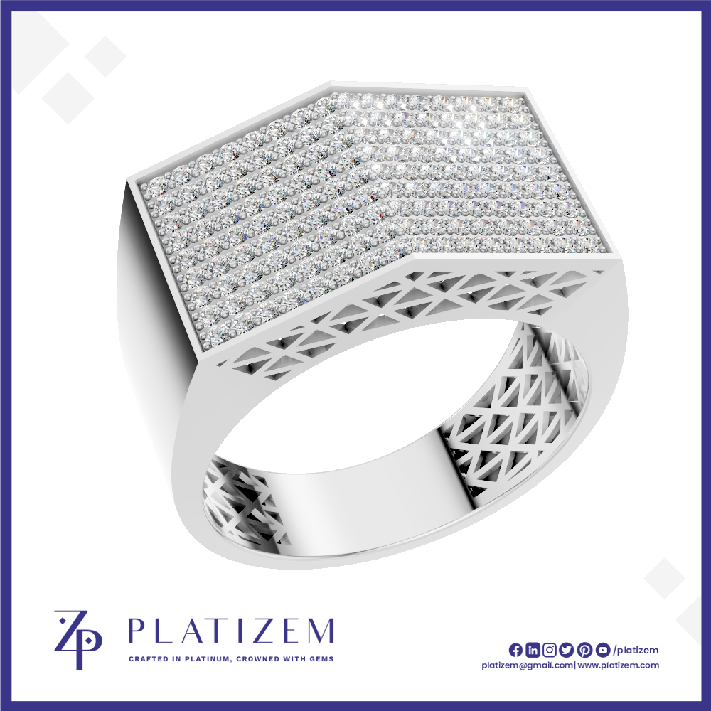 A silver-toned hexagonal ring featuring a pavé-set diamond top and an intricate openwork lattice pattern on the band, shown on a white background with the Platzem brand logo at the bottom.